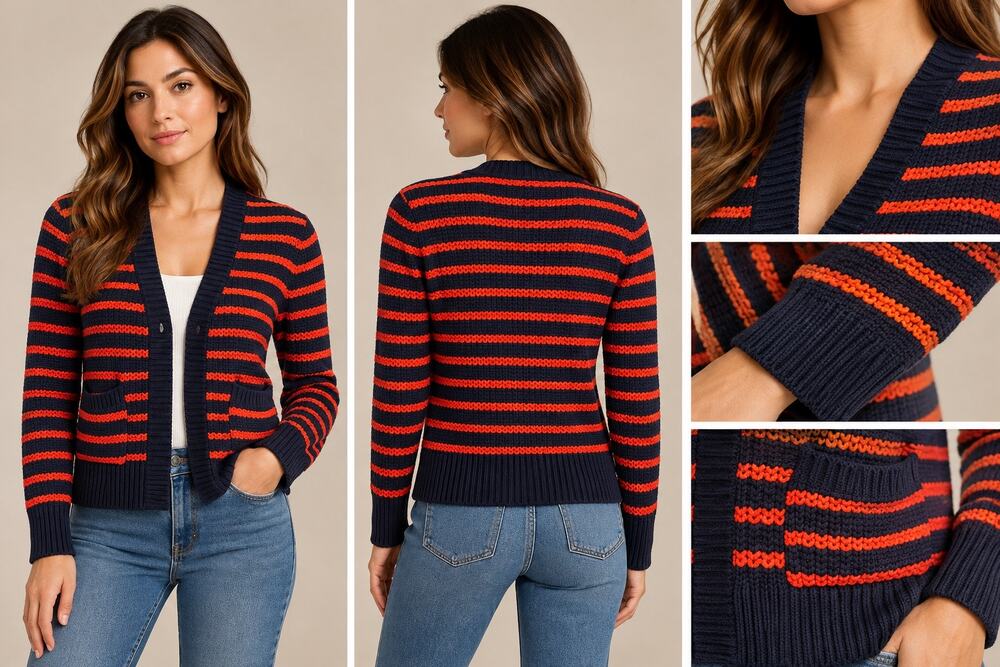 Tommy Hilfiger Womens S Navy Orange Striped Knit Cardigan Open Front Preppy